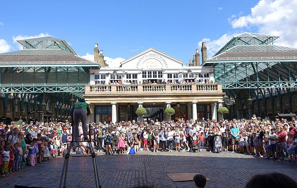 Covent Garden Piazza, a historic square that holds the old Market Building, with market stalls
