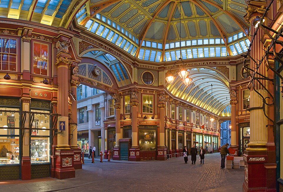 Leadenhall Market, a covered Victorian market of cobbled lanes and ornate ironwork tucked behind the City skyscrapers