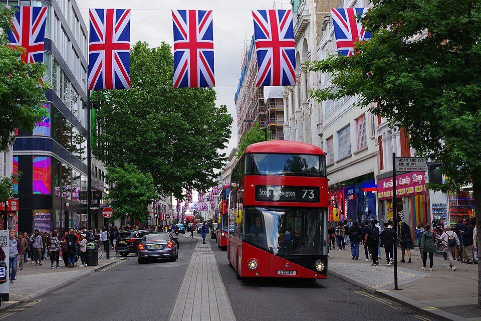 Oxford Street, a long run of department stores and flagship shops between Marble Arch and Tottenham Court Road