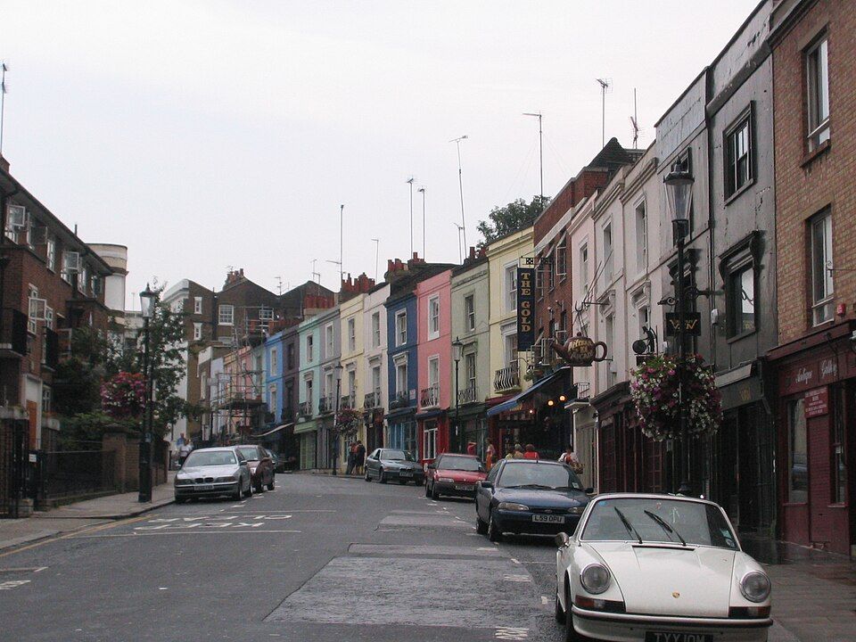 Portobello Road Market, a long street market in Notting Hill running through antiques, fruit and vegetable stalls